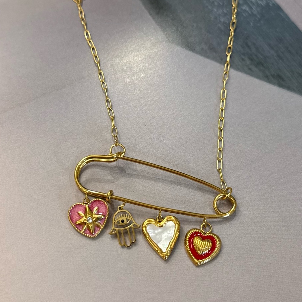 Celine13‎ 18K Gold Plated Spiritual Talisman Necklace – Hearts & Hamsa Charms - Picture 8 of 11